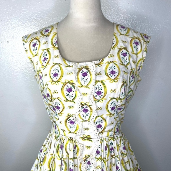 VINTAGE 1980s Fit & Flare Full A-Line Printed Floral Dress Back Zip Vtg 80s - Picture 4 of 11